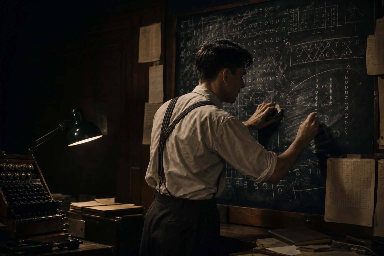 An editorial illustration of a mathematician chalking cipher tables across a blackboard in a dim wartime codebreaking room.