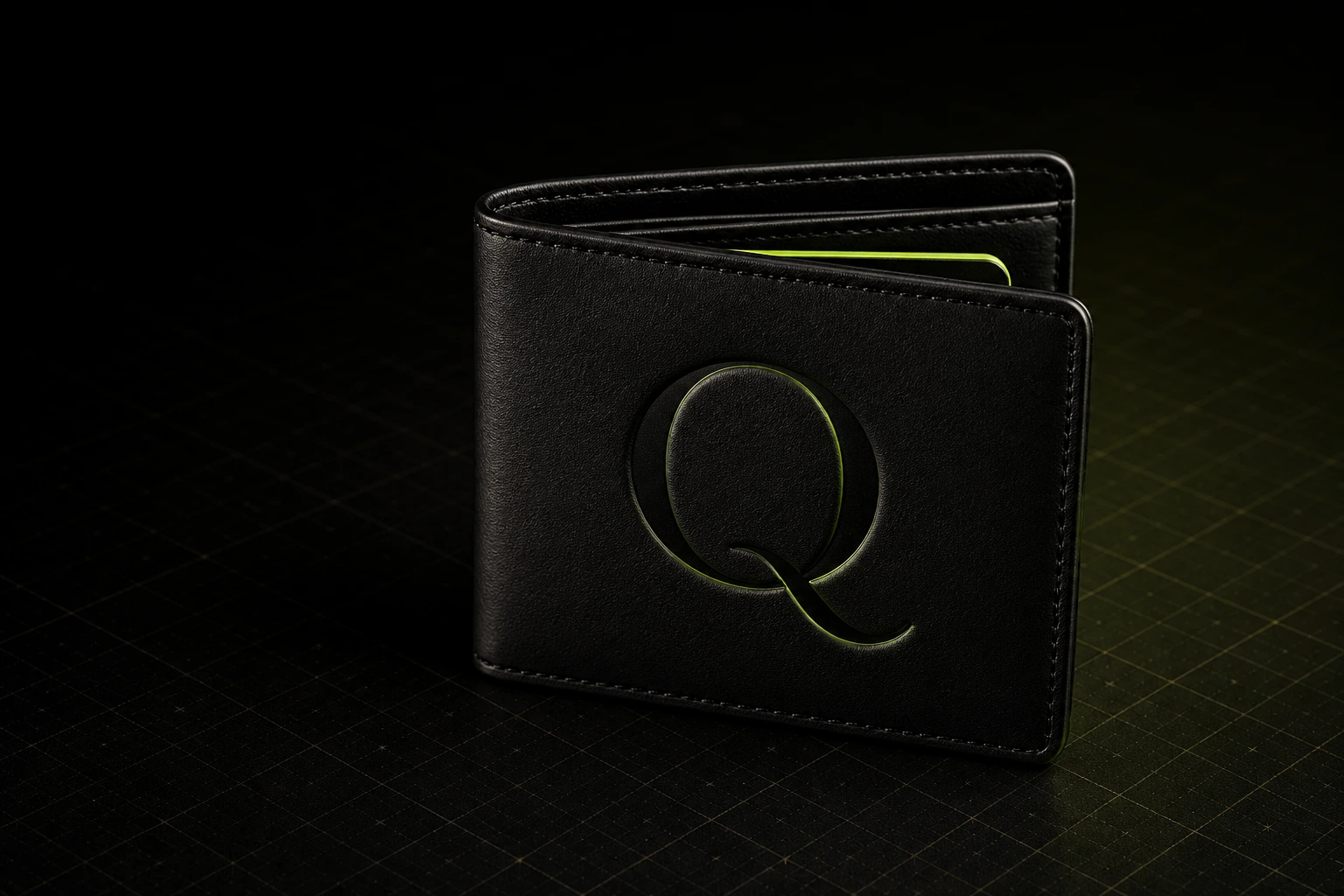 Editorial product image of a black wallet marked with a large Q and a single acid-green card edge.